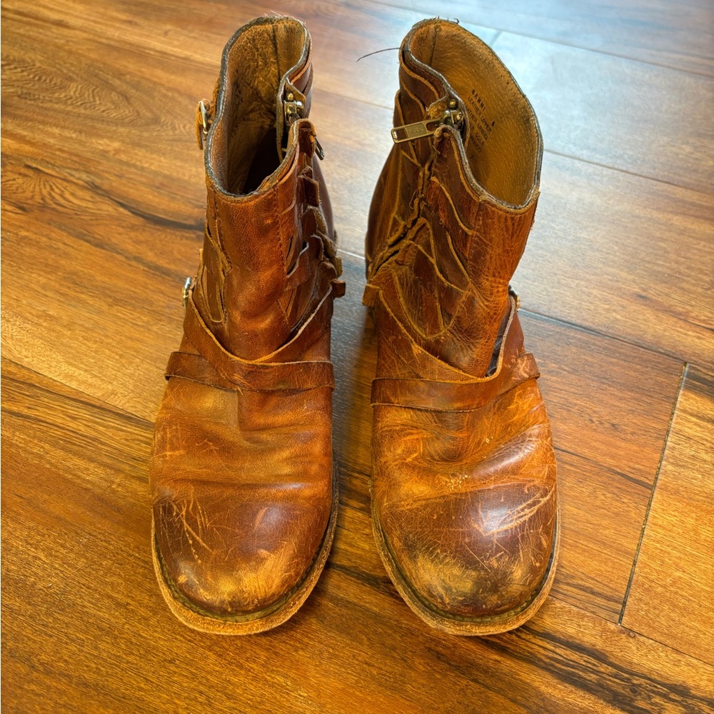 freebird Distressed Brown Leather Ankle Boots with Buckle Detail